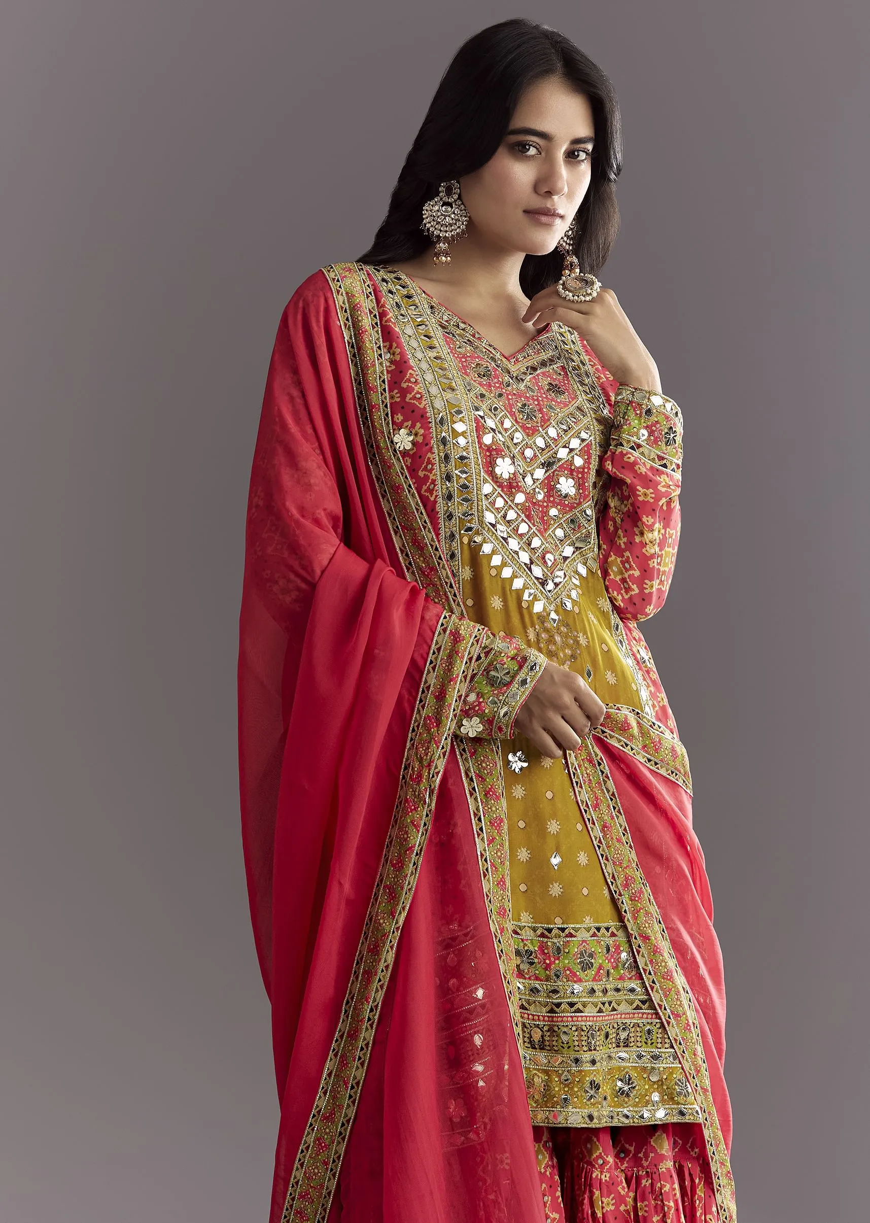 Bright Coral Pink Printed Leather Patch Kurta Sharara With Organza Dupatta