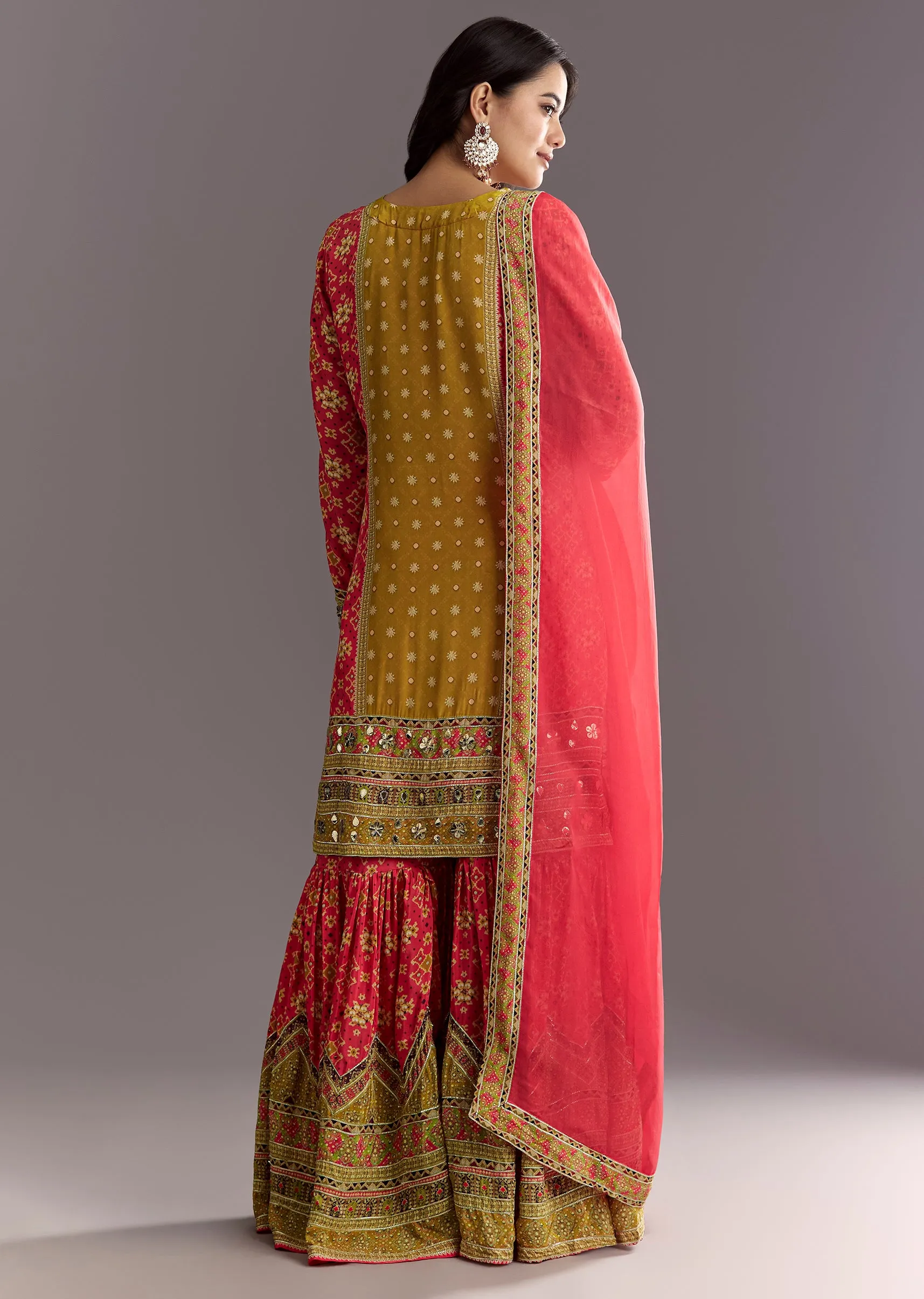 Bright Coral Pink Printed Leather Patch Kurta Sharara With Organza Dupatta