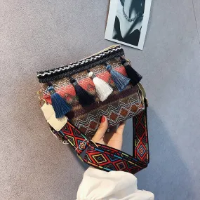 Christmas Gift Women's Bag New Crossbody Chain Bag Harajuku Ethnic Style Canvas Tassel Bucket bags for women