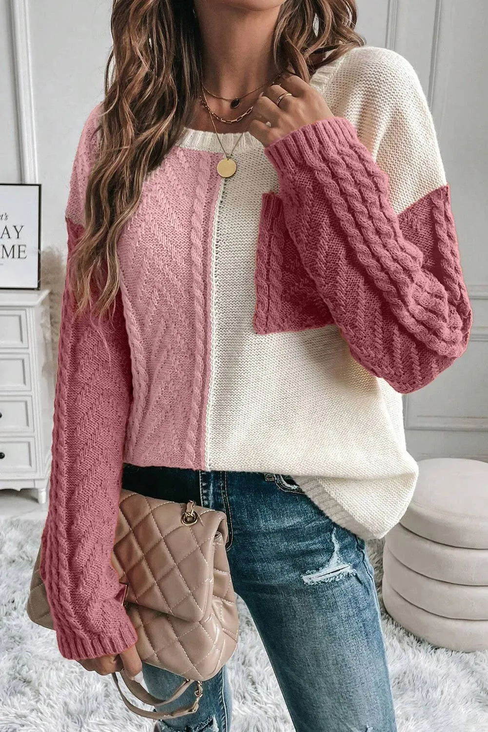 Colorblock Patched Pocket Drop Shoulder Sweater