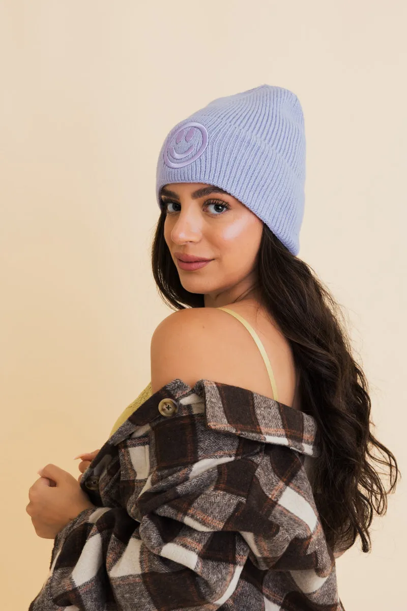 Cozy Happy Face Embroidered Hat Ribbed Knit Beanie