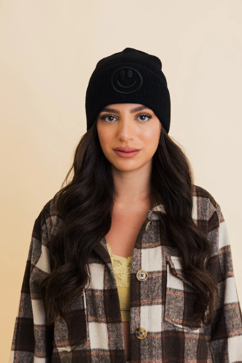 Cozy Happy Face Embroidered Hat Ribbed Knit Beanie