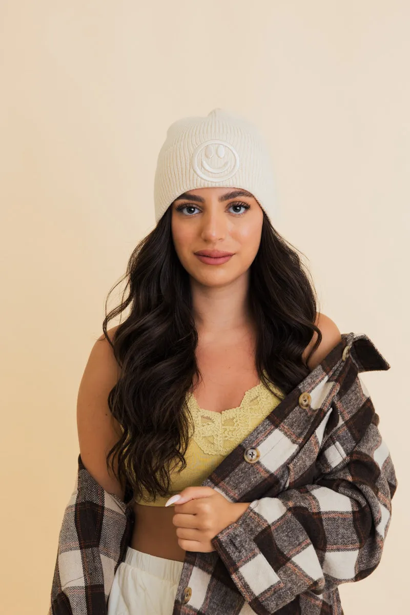 Cozy Happy Face Embroidered Hat Ribbed Knit Beanie