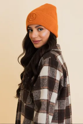 Cozy Happy Face Embroidered Hat Ribbed Knit Beanie