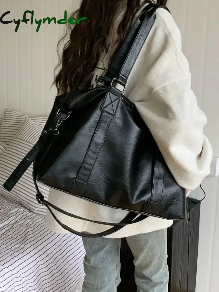 Cyflymder Large Capacity Black Shoulder Bags For Women Large Shopper Bag Solid Color Soft Leather Crossbody Handbag Lady Travel Tote Bag