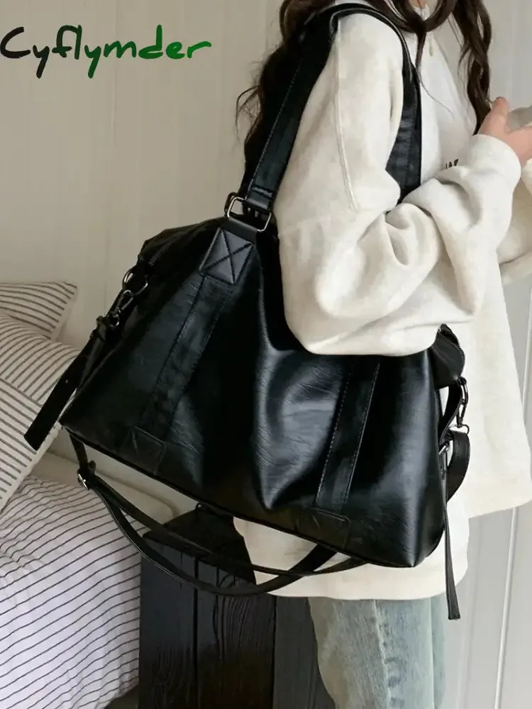 Cyflymder Large Capacity Black Shoulder Bags For Women Large Shopper Bag Solid Color Soft Leather Crossbody Handbag Lady Travel Tote Bag