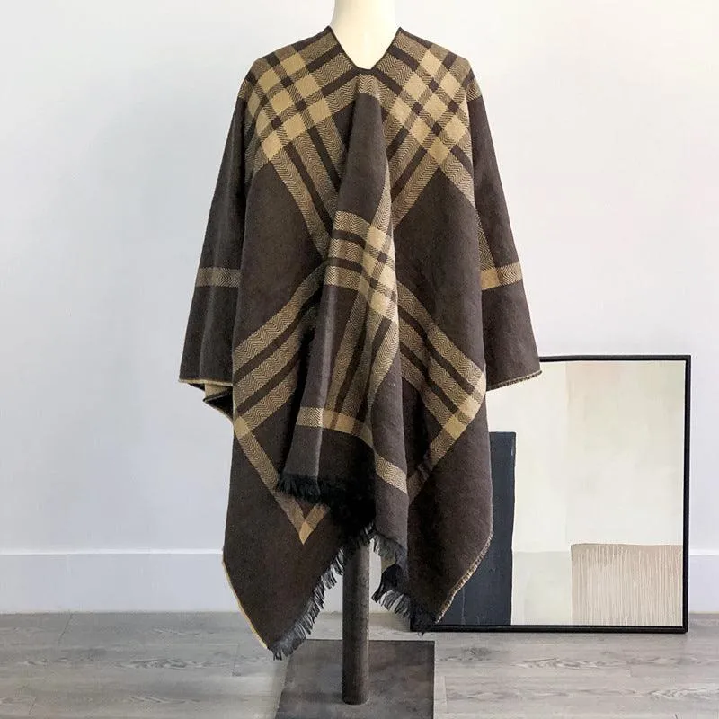 Double-Sided Plaid Shawl with Tassel Detail - Elegant Wool Warmth for Women