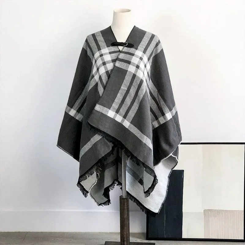 Double-Sided Plaid Shawl with Tassel Detail - Elegant Wool Warmth for Women