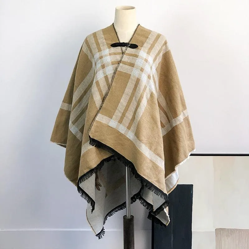 Double-Sided Plaid Shawl with Tassel Detail - Elegant Wool Warmth for Women