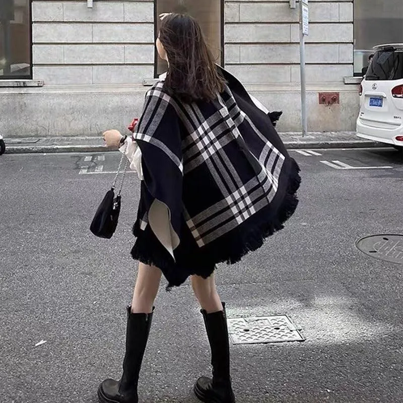 Double-Sided Plaid Shawl with Tassel Detail - Elegant Wool Warmth for Women