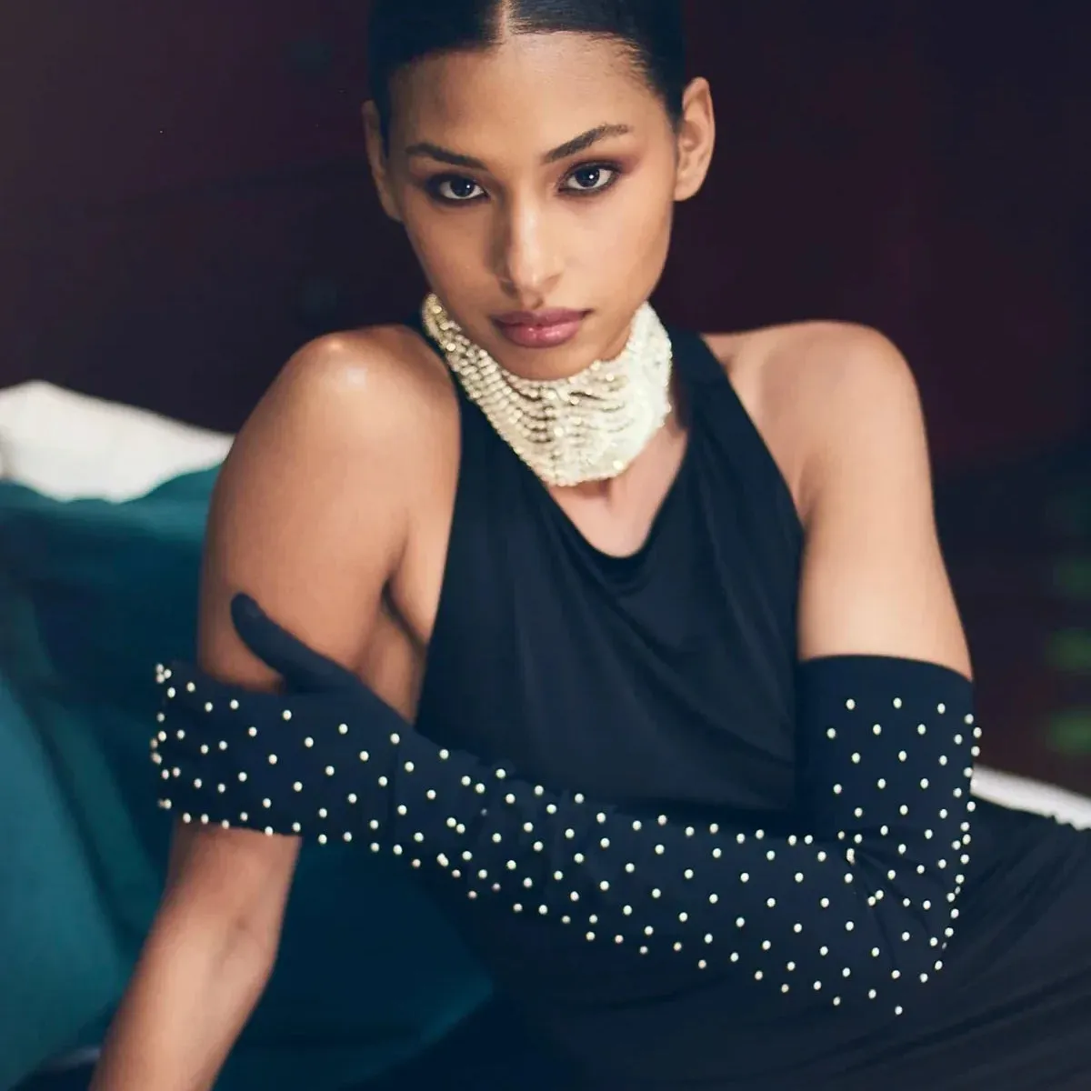 Nylon Runway Opera Glove with Pearls
