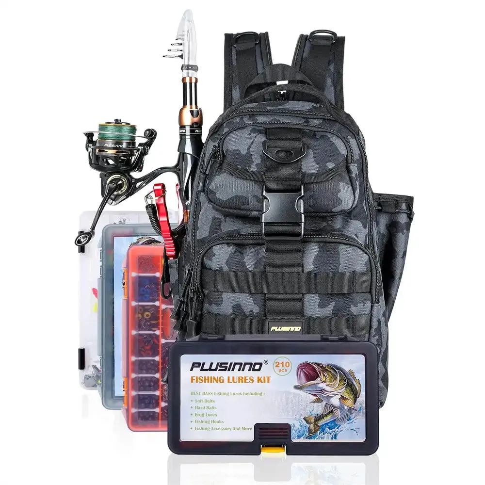 PLUSINNO Waterproof Fishing Tackle Backpack With Rod Holder