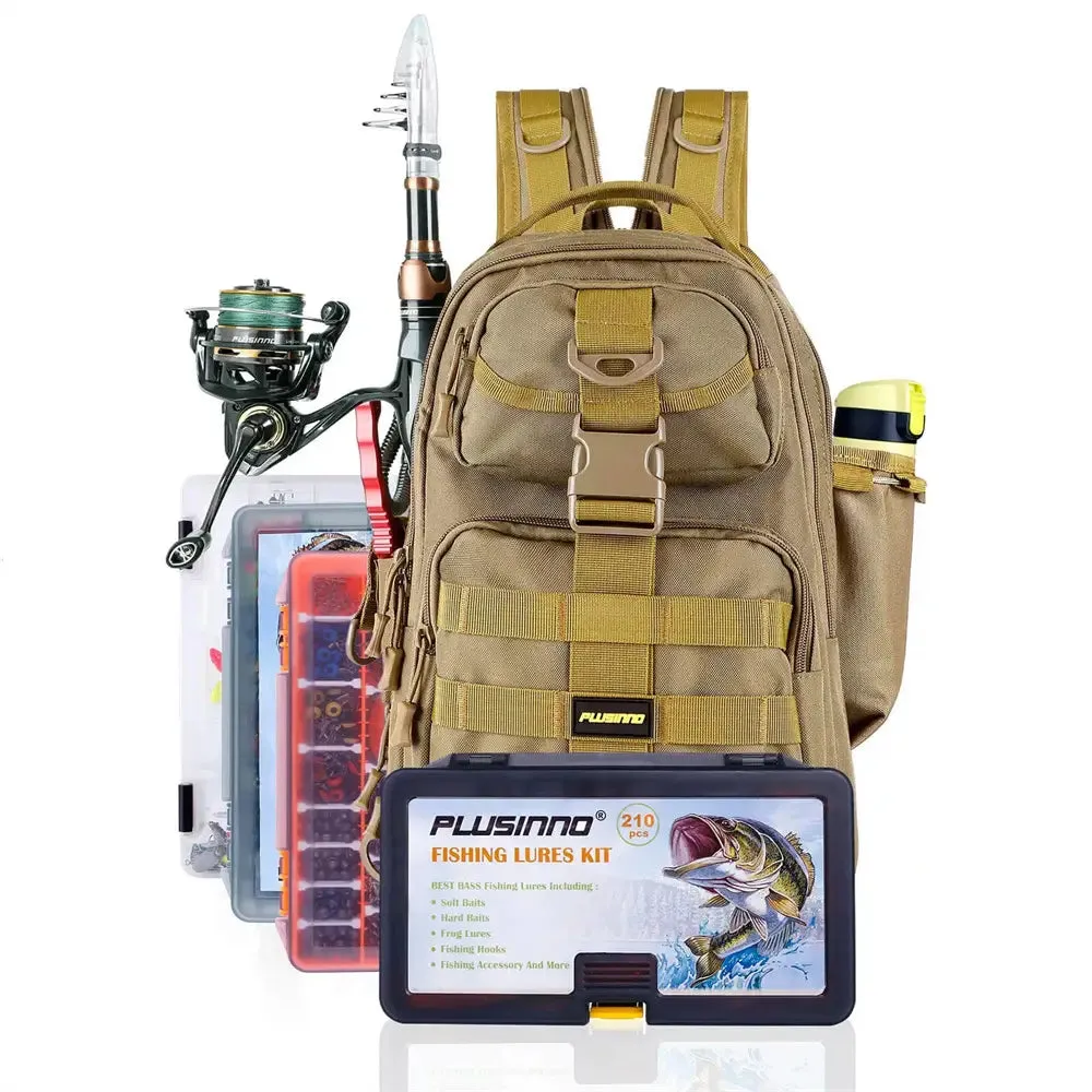 PLUSINNO Waterproof Fishing Tackle Backpack With Rod Holder