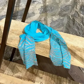 Roberto Cavalli Beaded Sequined Zebra Pattern Turquoise Silk Scarf