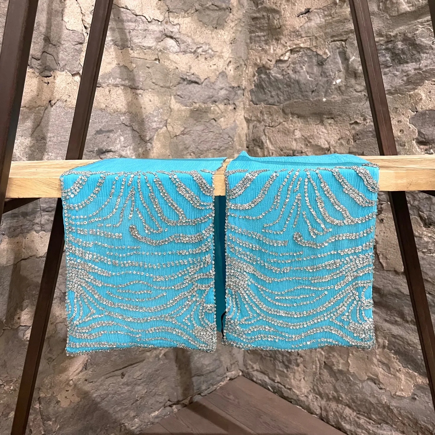 Roberto Cavalli Beaded Sequined Zebra Pattern Turquoise Silk Scarf