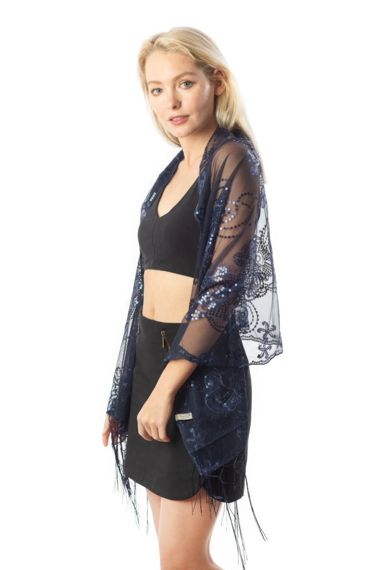 Sequined Shawl Flower in Navy Gold Silver Purple Fuchsia
