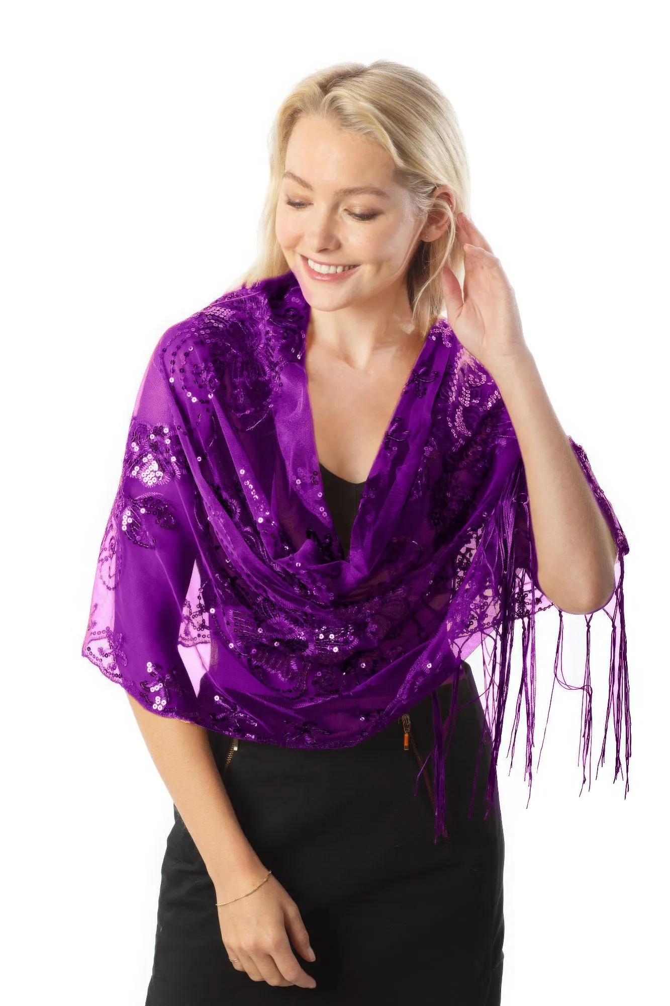 Sequined Shawl Flower in Navy Gold Silver Purple Fuchsia